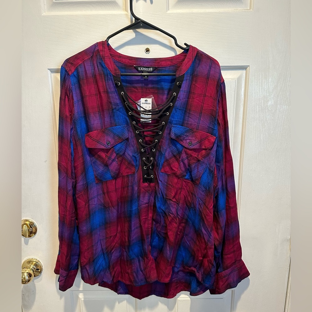 Express bright colored plaid with tie lace front